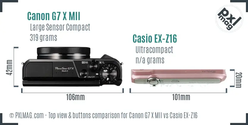 Canon G7 X MII vs Casio EX-Z16 top view buttons comparison