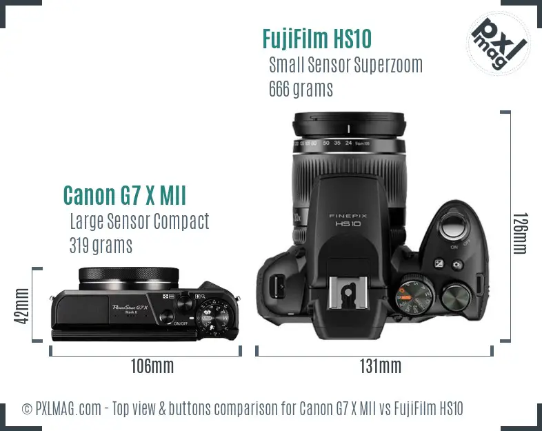 Canon G7 X MII vs FujiFilm HS10 top view buttons comparison Canon G7 X MII vs FujiFilm HS10 top view buttons comparison
