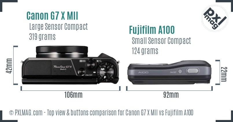 Canon G7 X MII vs Fujifilm A100 top view buttons comparison