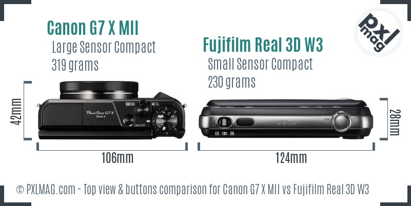 Canon G7 X MII vs Fujifilm Real 3D W3 top view buttons comparison