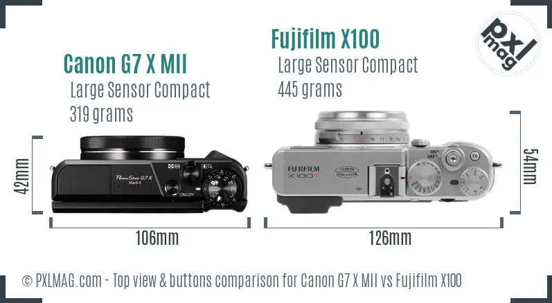 Canon G7 X MII vs Fujifilm X100 top view buttons comparison