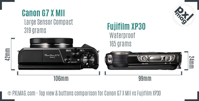 Canon G7 X MII vs Fujifilm XP30 top view buttons comparison