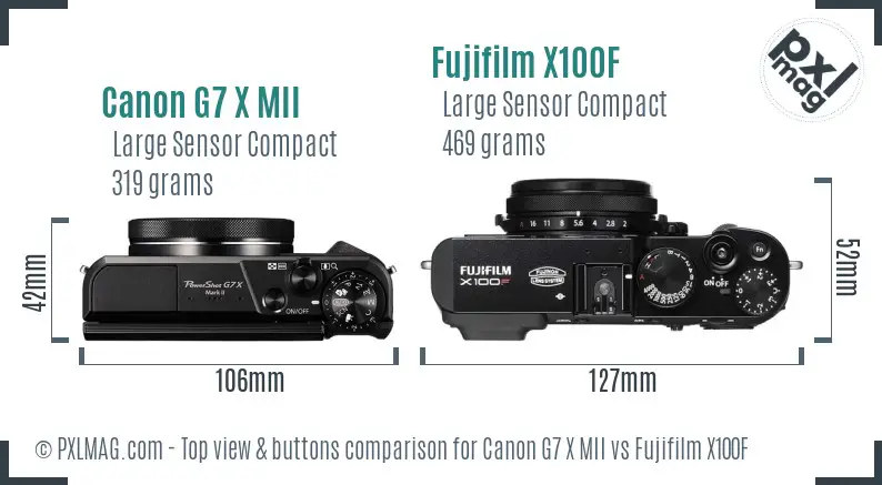 Canon G7 X MII vs Fujifilm X100F top view buttons comparison