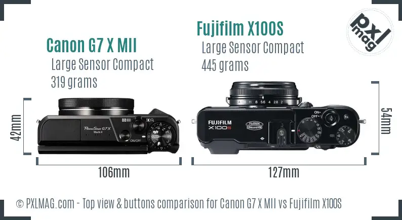 Canon G7 X MII vs Fujifilm X100S top view buttons comparison