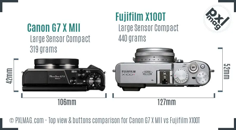 Canon G7 X MII vs Fujifilm X100T top view buttons comparison