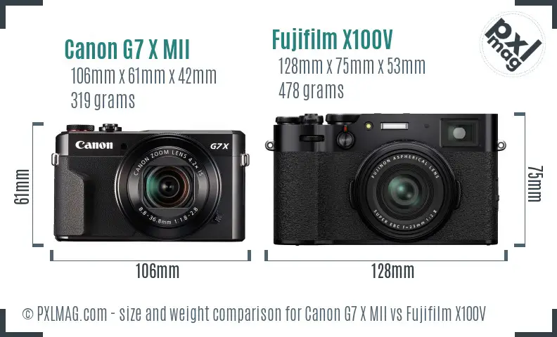 Canon G7 X MII vs Fujifilm X100V size comparison
