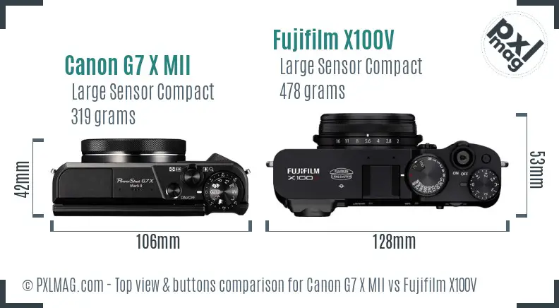 Canon G7 X MII vs Fujifilm X100V top view buttons comparison