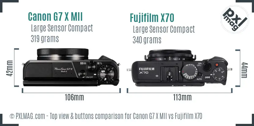 Canon G7 X MII vs Fujifilm X70 top view buttons comparison