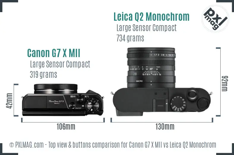 Canon G7 X MII vs Leica Q2 Monochrom top view buttons comparison