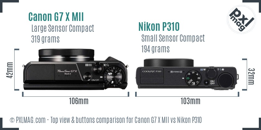 Canon G7 X MII vs Nikon P310 top view buttons comparison