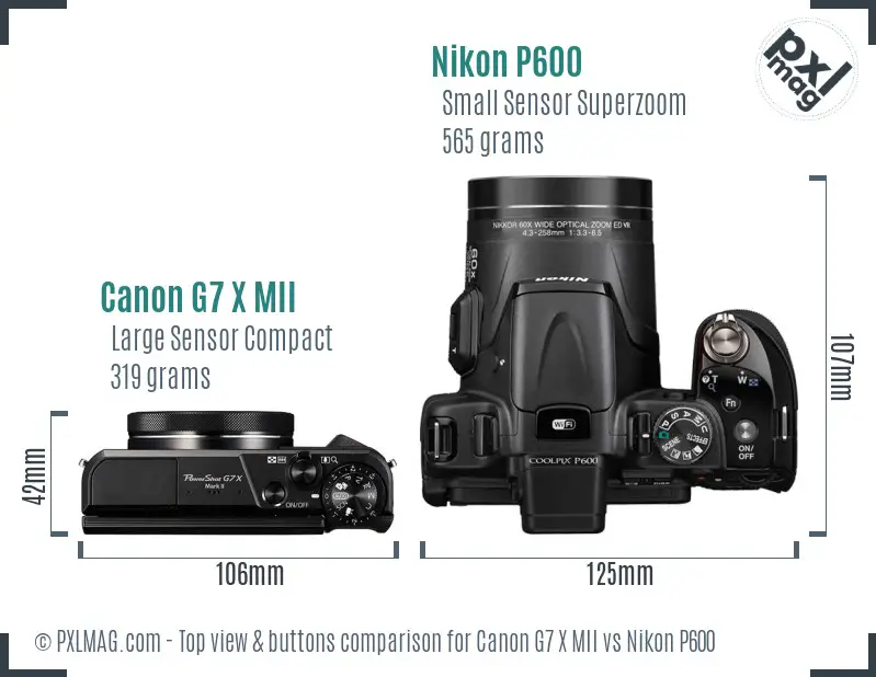 Canon G7 X MII vs Nikon P600 top view buttons comparison