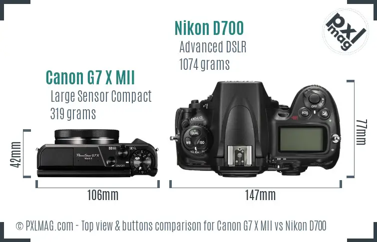 Canon G7 X MII vs Nikon D700 top view buttons comparison