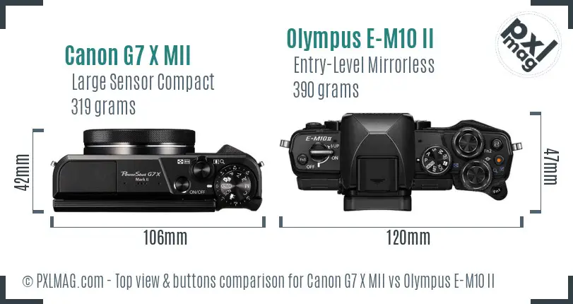 Canon G7 X MII vs Olympus E-M10 II top view buttons comparison Canon G7 X MII vs Olympus E-M10 II top view buttons comparison