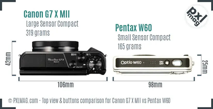 Canon G7 X MII vs Pentax W60 top view buttons comparison