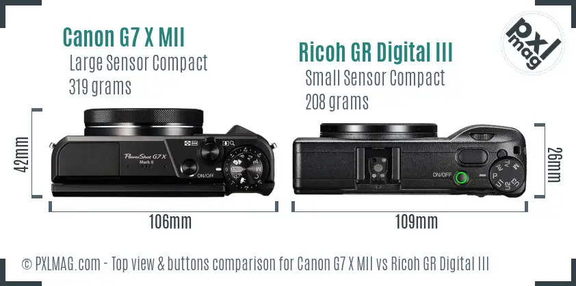 Canon G7 X MII vs Ricoh GR Digital III top view buttons comparison