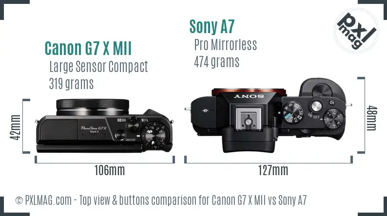 Canon G7 X MII vs Sony A7 top view buttons comparison