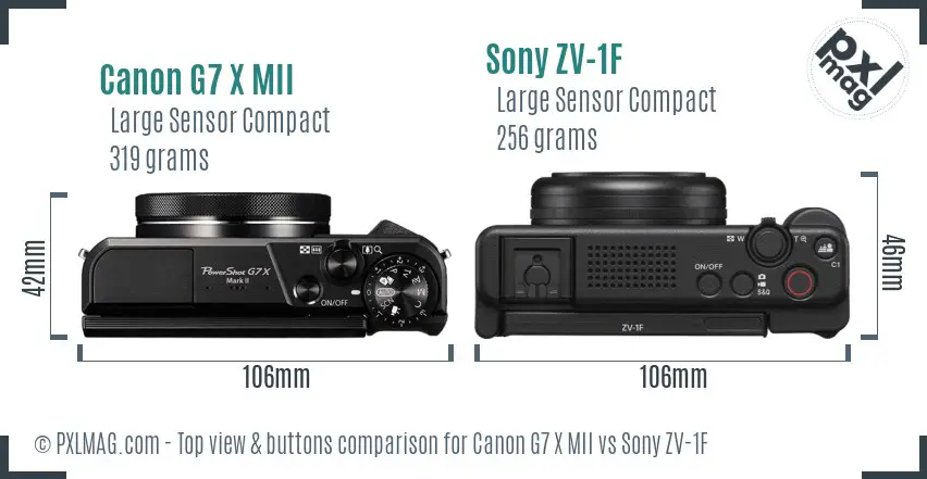 Canon G7 X MII vs Sony ZV-1F top view buttons comparison
