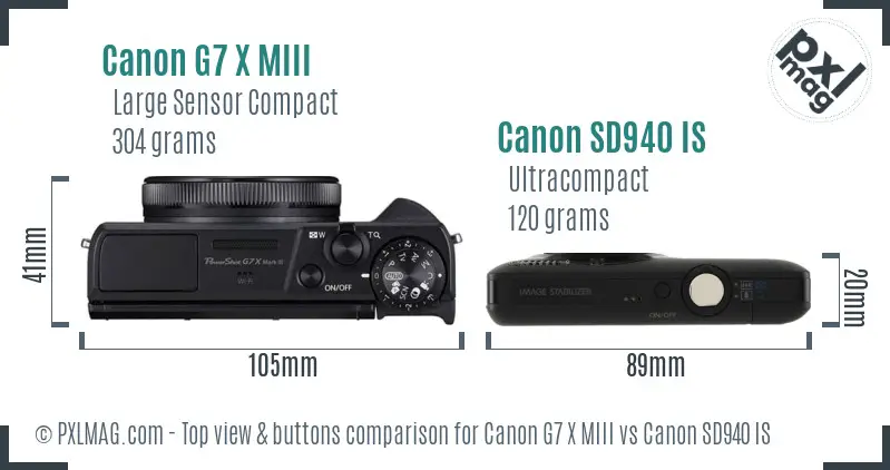 Canon G7 X MIII vs Canon SD940 IS top view buttons comparison