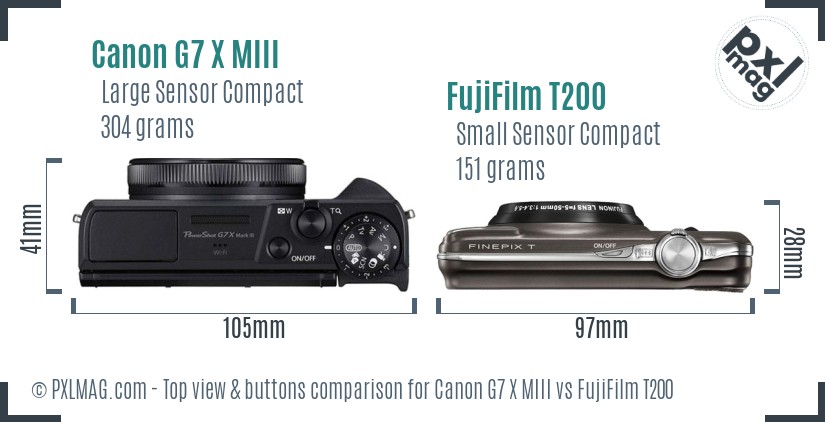 Canon G7 X MIII vs FujiFilm T200 top view buttons comparison