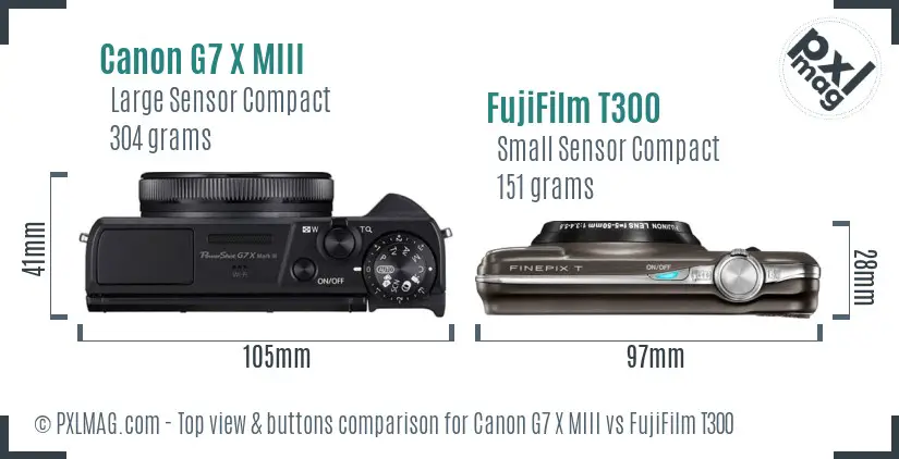 Canon G7 X MIII vs FujiFilm T300 top view buttons comparison