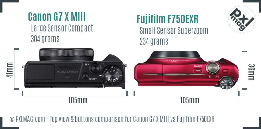 Canon G7 X MIII vs Fujifilm F750EXR top view buttons comparison