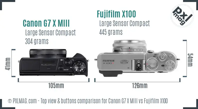 Canon G7 X MIII vs Fujifilm X100 top view buttons comparison