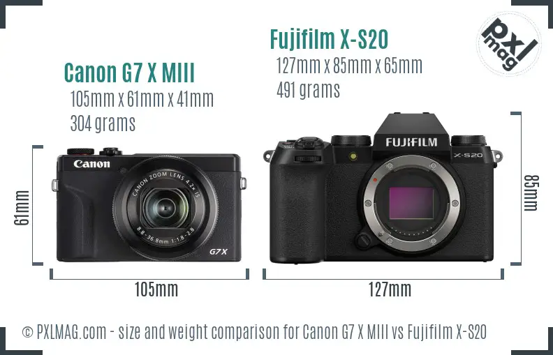 Canon G7 X MIII vs Fujifilm X-S20 size comparison Canon G7 X MIII vs Fujifilm X-S20 size comparison