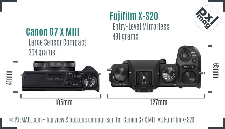 Canon G7 X MIII vs Fujifilm X-S20 top view buttons comparison Canon G7 X MIII vs Fujifilm X-S20 top view buttons comparison