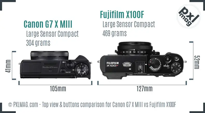 Canon G7 X MIII vs Fujifilm X100F top view buttons comparison