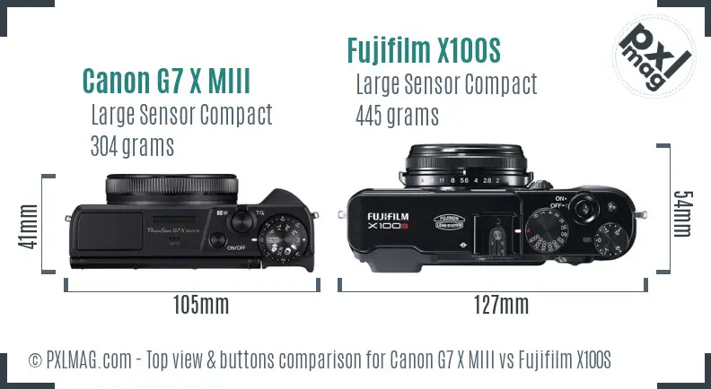 Canon G7 X MIII vs Fujifilm X100S top view buttons comparison