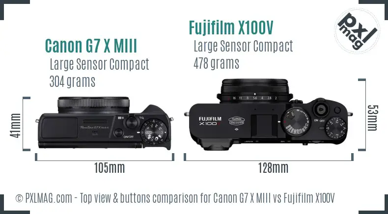 Canon G7 X MIII vs Fujifilm X100V top view buttons comparison
