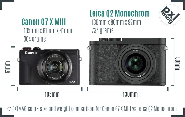 Canon G7 X MIII vs Leica Q2 Monochrom size comparison