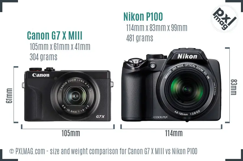 Canon G7 X MIII vs Nikon P100 size comparison Canon G7 X MIII vs Nikon P100 size comparison