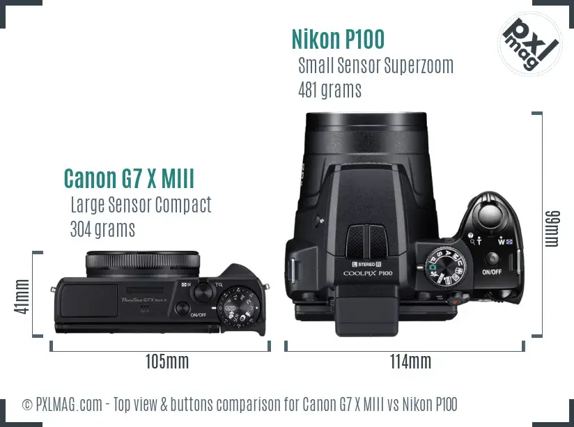 Canon G7 X MIII vs Nikon P100 top view buttons comparison Canon G7 X MIII vs Nikon P100 top view buttons comparison