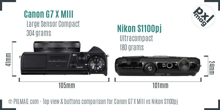 Canon G7 X MIII vs Nikon S1100pj top view buttons comparison