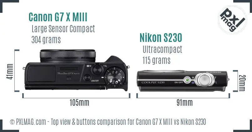Canon G7 X MIII vs Nikon S230 top view buttons comparison
