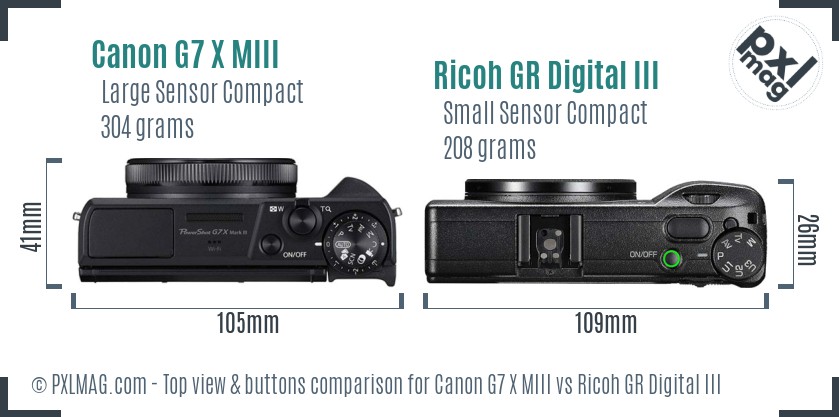 Canon G7 X MIII vs Ricoh GR Digital III top view buttons comparison