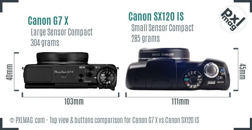 Canon G7 X vs Canon SX120 IS top view buttons comparison