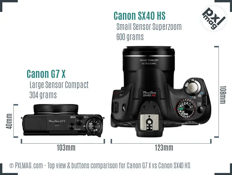 Canon G7 X vs Canon SX40 HS top view buttons comparison Canon G7 X vs Canon SX40 HS top view buttons comparison