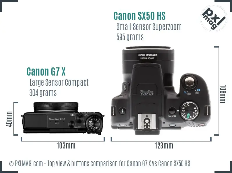 Canon G7 X vs Canon SX50 HS top view buttons comparison