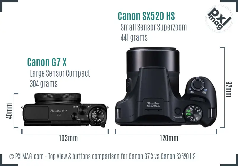 Canon G7 X vs Canon SX520 HS top view buttons comparison