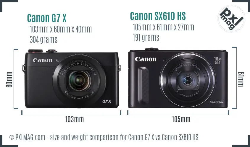 Canon G7 X vs Canon SX610 HS size comparison