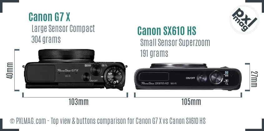 Canon G7 X vs Canon SX610 HS top view buttons comparison