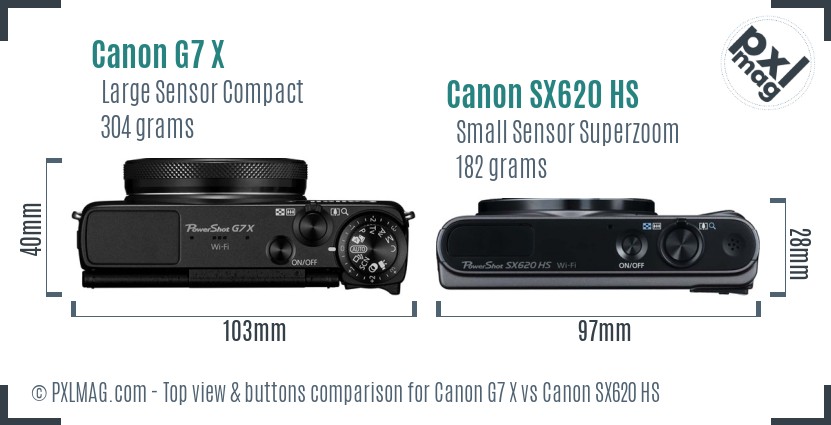 Canon G7 X vs Canon SX620 HS top view buttons comparison