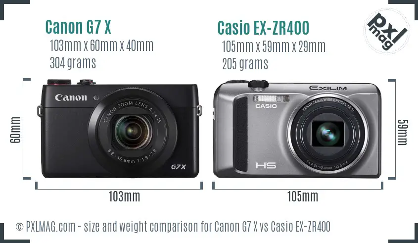 Canon G7 X vs Casio EX-ZR400 size comparison Canon G7 X vs Casio EX-ZR400 size comparison