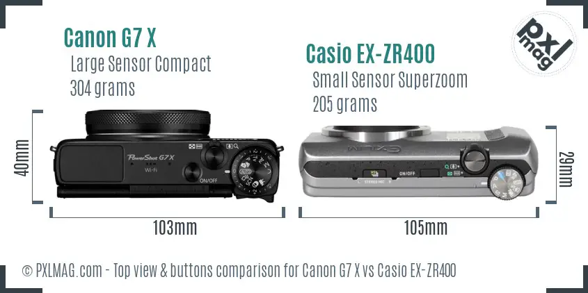 Canon G7 X vs Casio EX-ZR400 top view buttons comparison Canon G7 X vs Casio EX-ZR400 top view buttons comparison