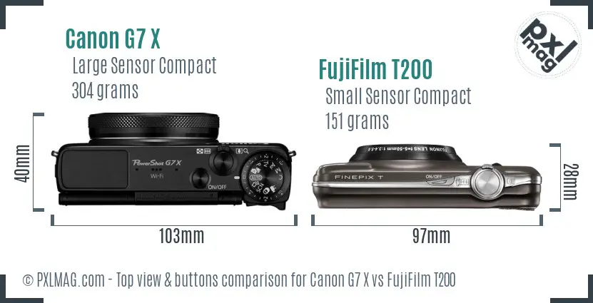 Canon G7 X vs FujiFilm T200 top view buttons comparison