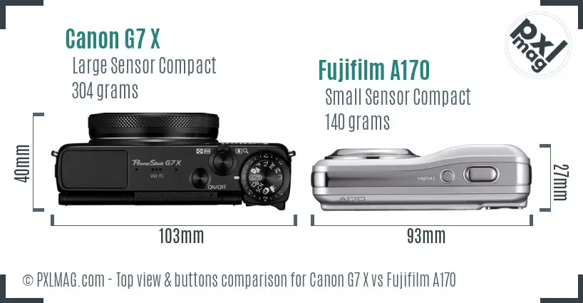 Canon G7 X vs Fujifilm A170 top view buttons comparison Canon G7 X vs Fujifilm A170 top view buttons comparison