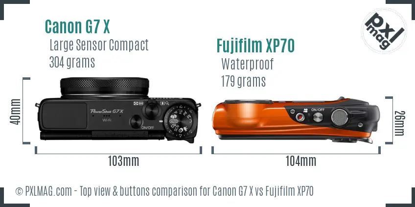 Canon G7 X vs Fujifilm XP70 top view buttons comparison Canon G7 X vs Fujifilm XP70 top view buttons comparison