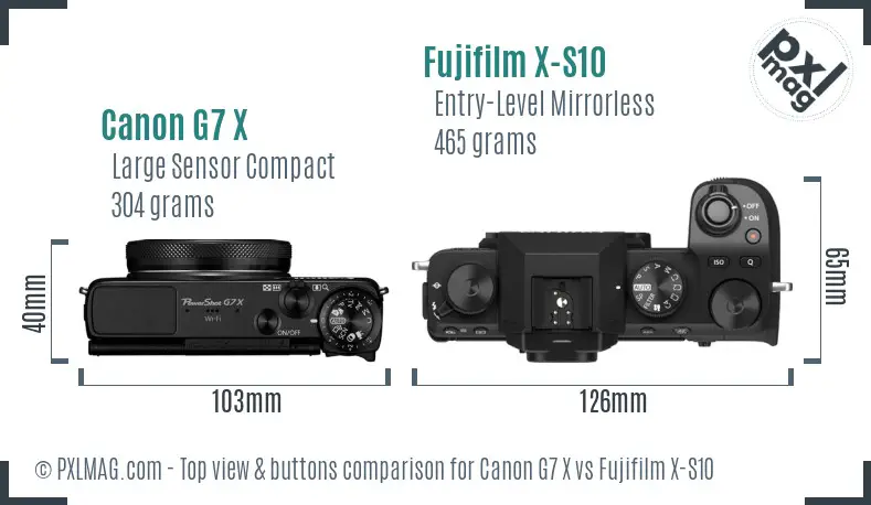 Canon G7 X vs Fujifilm X-S10 top view buttons comparison Canon G7 X vs Fujifilm X-S10 top view buttons comparison